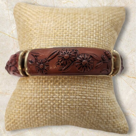 Monet Jewelry - Vintage Monet Bracelet Faux Cinnabar Carved Raised Floral Gold Tone Stretch